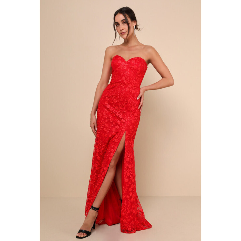 Lulu's Red Strapless Lace Maxi Dress